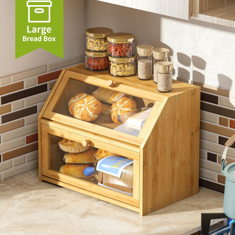 Farmhouse Bread Box For Kitchen Countertop Bread Box Double Layer Bamboo Wooden Extra Large Capacity Bin Kitchen Food Storage Container(Natural)
