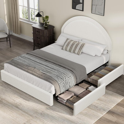 Cadre de lit grand format avec tiroirs de rangement, lit plateforme tapissier Boucle, tête de lit ronde, robuste, silencieux, sans sommier tapissier, blanc