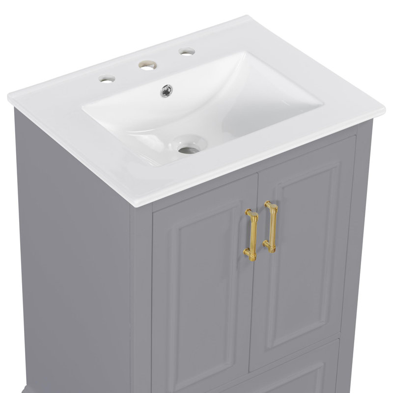 Meuble-lavabo de salle de bain avec lavabo en céramique, tiroirs compartimentés, portes à fermeture en douceur et tablette d'armoire