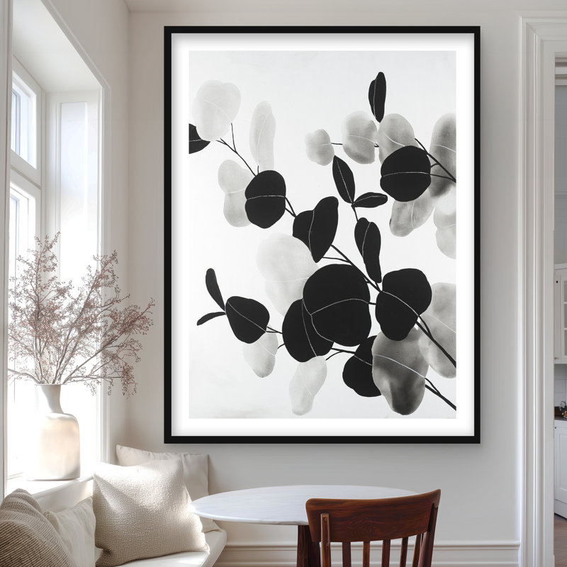 Grayscale Branches with Leaves | White Framed Matted Print