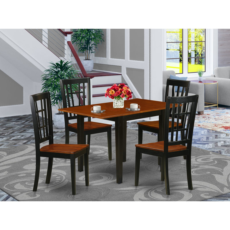Solid Wood Top Dining Table Set, Black/Cherry, Black, 5 Pieces: 1 Table, 4 Chairs