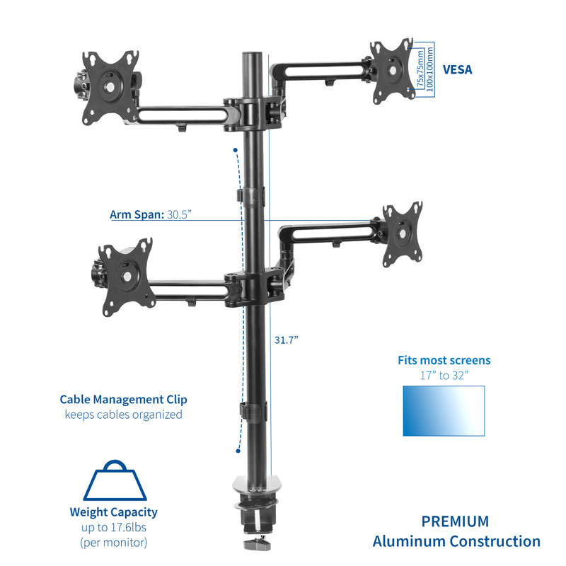 Aluminum Quad Monitor Desk Mount with Articulating Arms