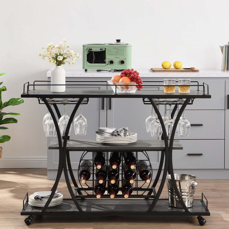 Chariot-bar avec porte-bouteilles en verre trempé, Noir
