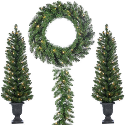 Vancouver Pine 4-Piece Set - 2 Potted Trees, Wreath & Garland