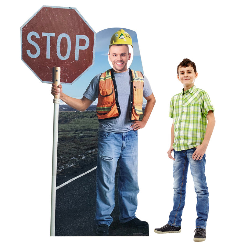 Life-Size Construction Worker Cardboard Stand-Up with Stop Sign