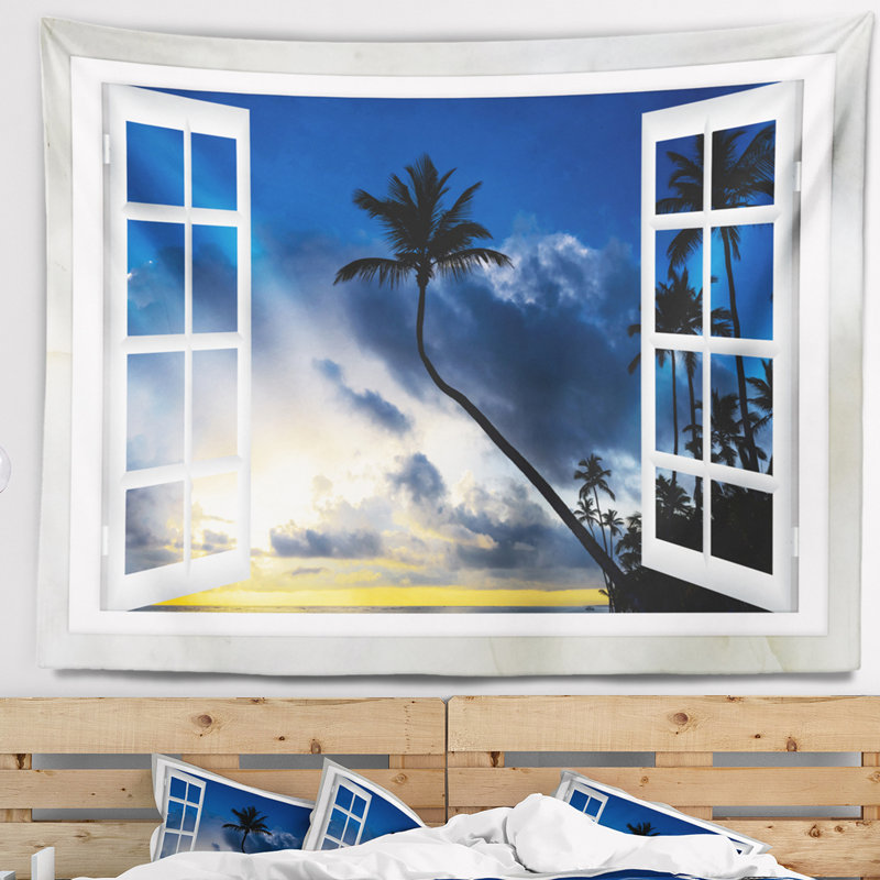 Tapisserie paysage fenêtre à la plage avec cocotiers, H 78 po x l 92 po