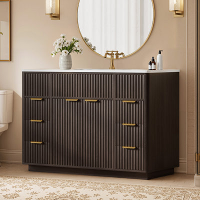 48" Freestanding Single Sink Bathroom Vanity with Fluted Doors and Storage, Brown