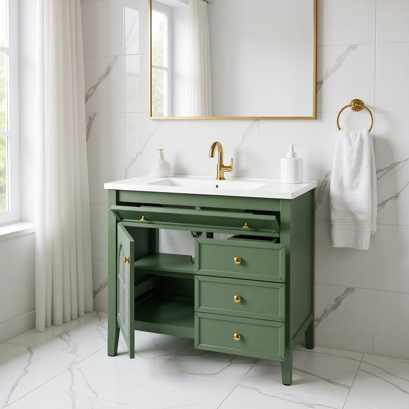 Meuble-lavabo autoportant 36 po avec lavabo en verre à motif, capteur de mouvement et rangement, Vert