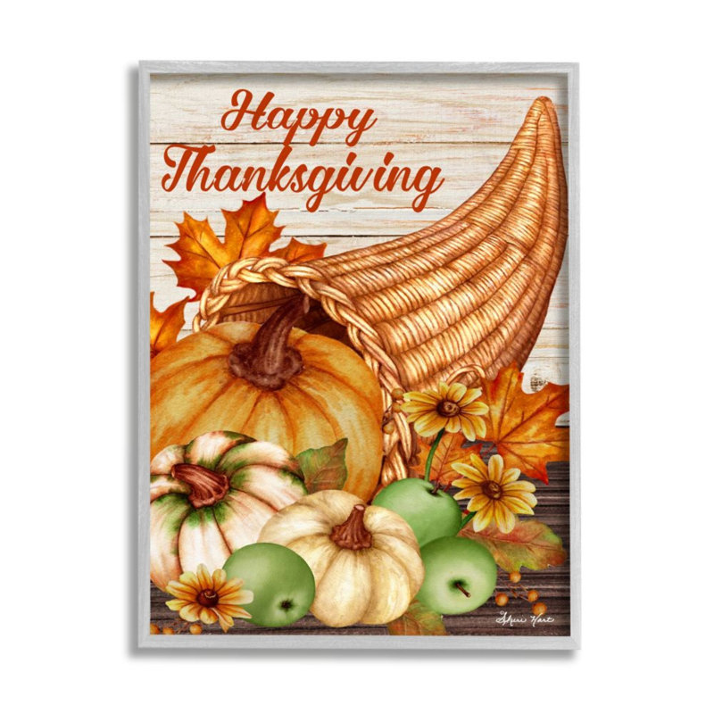 «Happy Thanksgiving Autumn Harvest Cornucopia» par Sheri Hart - impression d'art graphique, 15" H x 10" W x 0.5" D