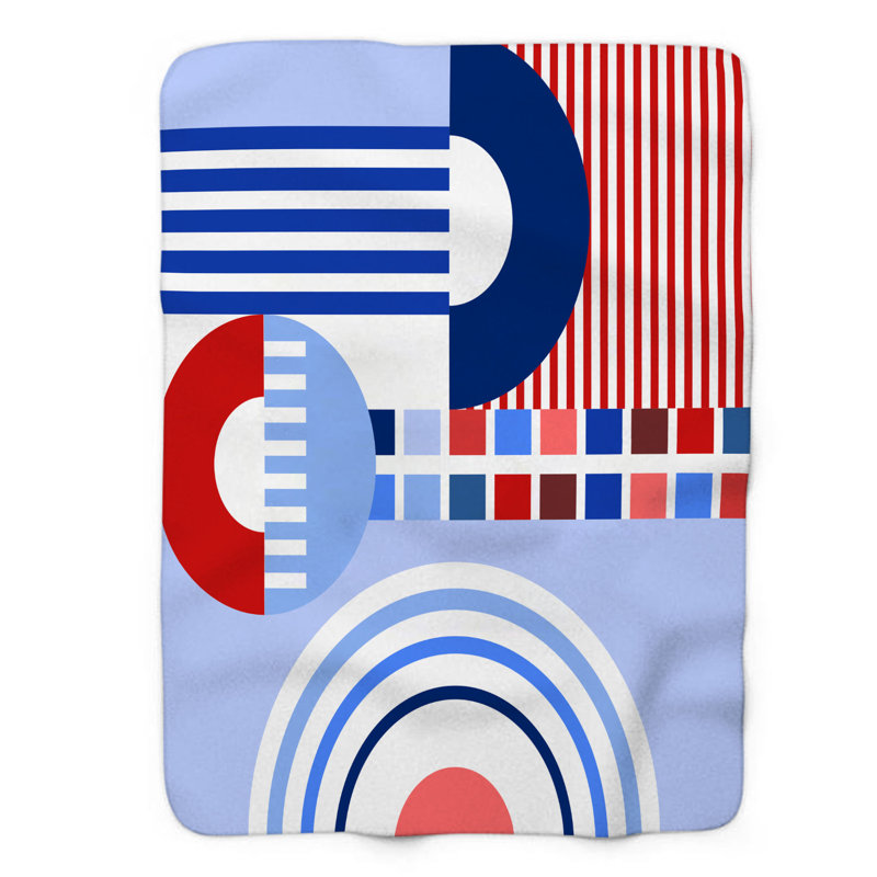 Motif Groovy - 1 pièce Sherpa Premium, Grand lit, Bleu clair / rouge / blanc abstrait / formes géom