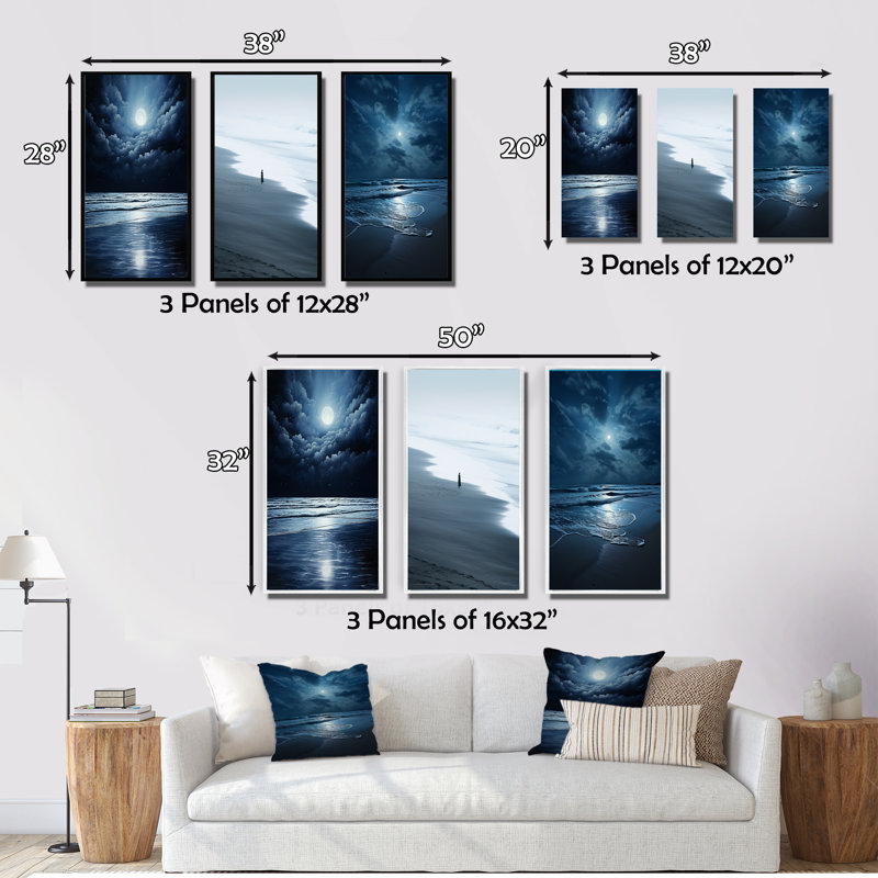 «Beach Photo Serene Moonlight», 3 pièces sur toile, Toile tendue, H 32 po x l 48 po