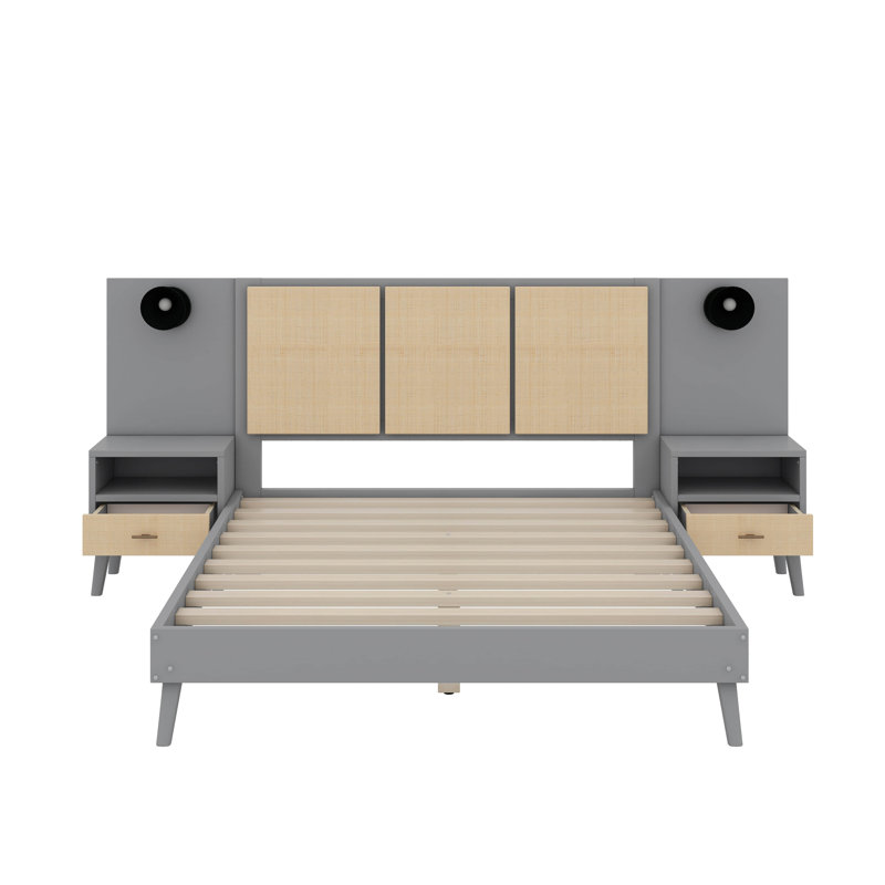 Structure de lit grand en bois massif avec 2 tables de chevet, gris