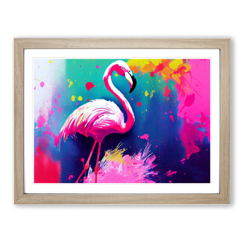 Flamingo Splash Vol.5 Abstract - Single Picture Frame Print, 46cm H x 64cm W x 2cm D, Oak