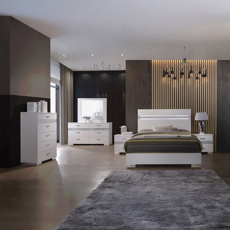 Table de chevet à finition blanche brillante avec 3 tiroirs, mobilier de chambre à coucher moderne 1pc