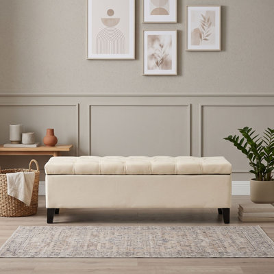 Banc de rangement capitonné avec couvercle à charnières à fermeture en douceur, idéal pour une chambre, une entrée ou un salon.