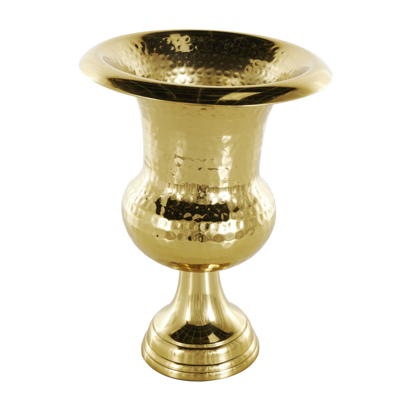 Jerrae Aluminum Metal Goblet Inspired Hammered Decorative Gold Vase, 13.05" H x 9.25" W x 9.20" D, Gold