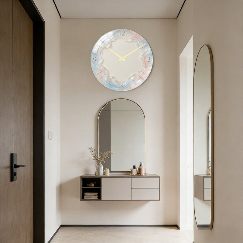 Horloge murale moderne en verre rose doré irisé de 61 cm (24 po)