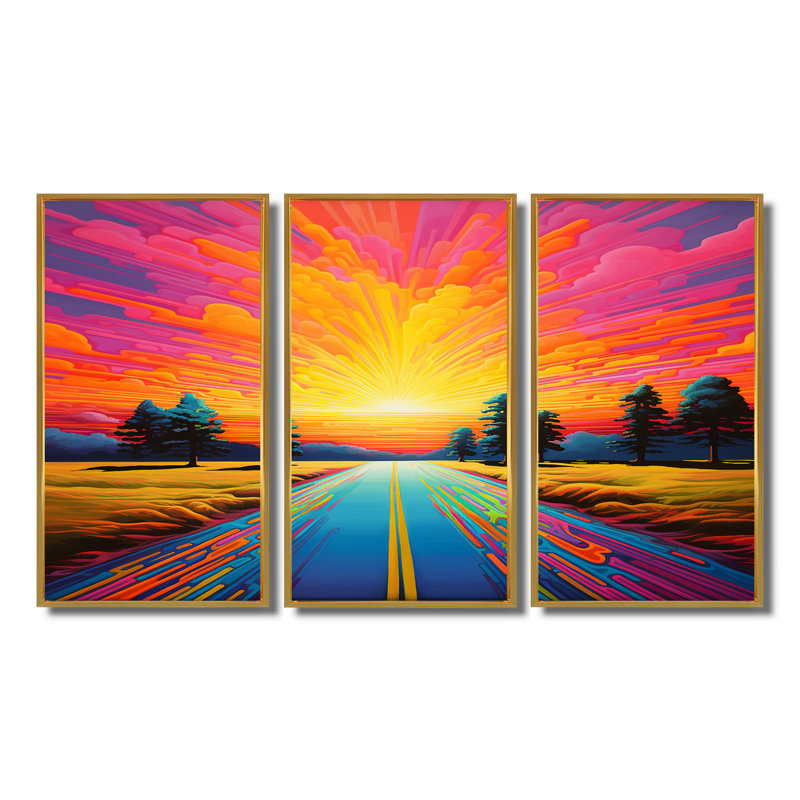 Glorious Sunset Country Road Trees - ensemble d'art mural paysage, H 28 po x l 36 po x P 1 po, Encadrement argenté