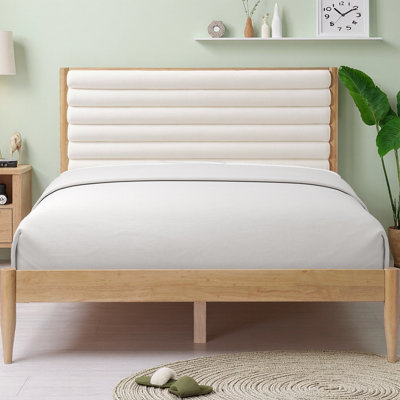 Structure de lit plateforme en bois massif avec tête de lit tapissier en chenille, grand lit en bois d'hévéa avec tête de lit capitonnée et support à lattes renforcées