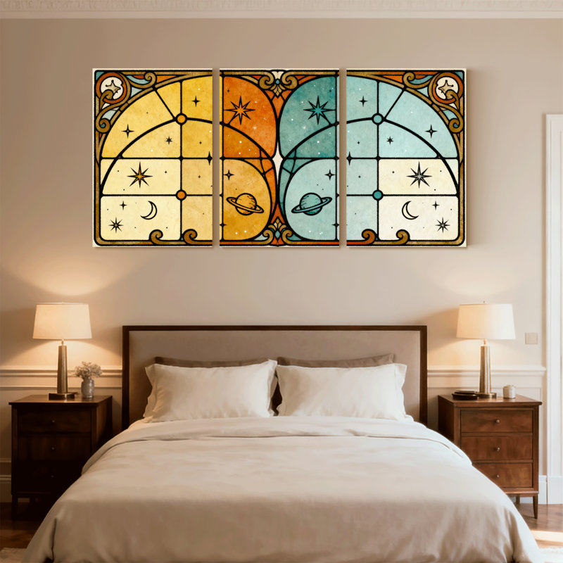Ensemble de 3 impressions sur toile fantaisie et science-fiction en verre coloré avec planètes et étoiles, H 30 po x l 60 po