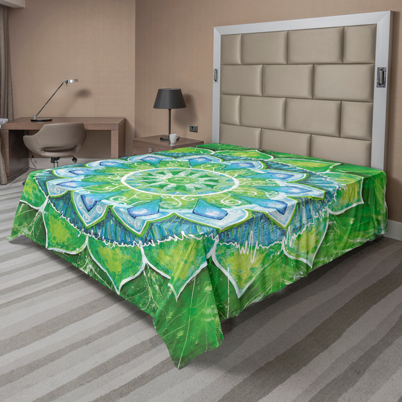 Ambesonne Mandala Top Flat Sheet Leaf Forms Nature Green Blue, Full Flat Sheet