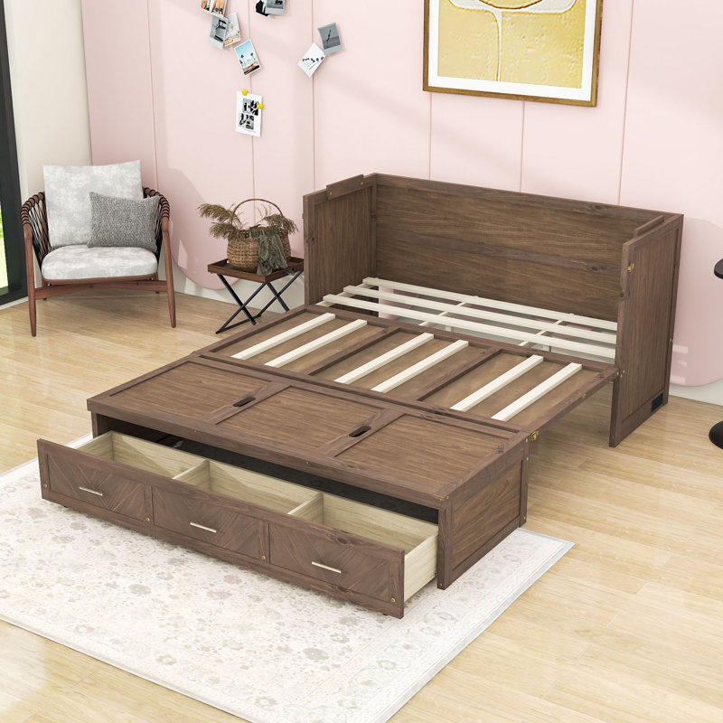Grand lit escamotable en bois avec station de charge, Noyer clair