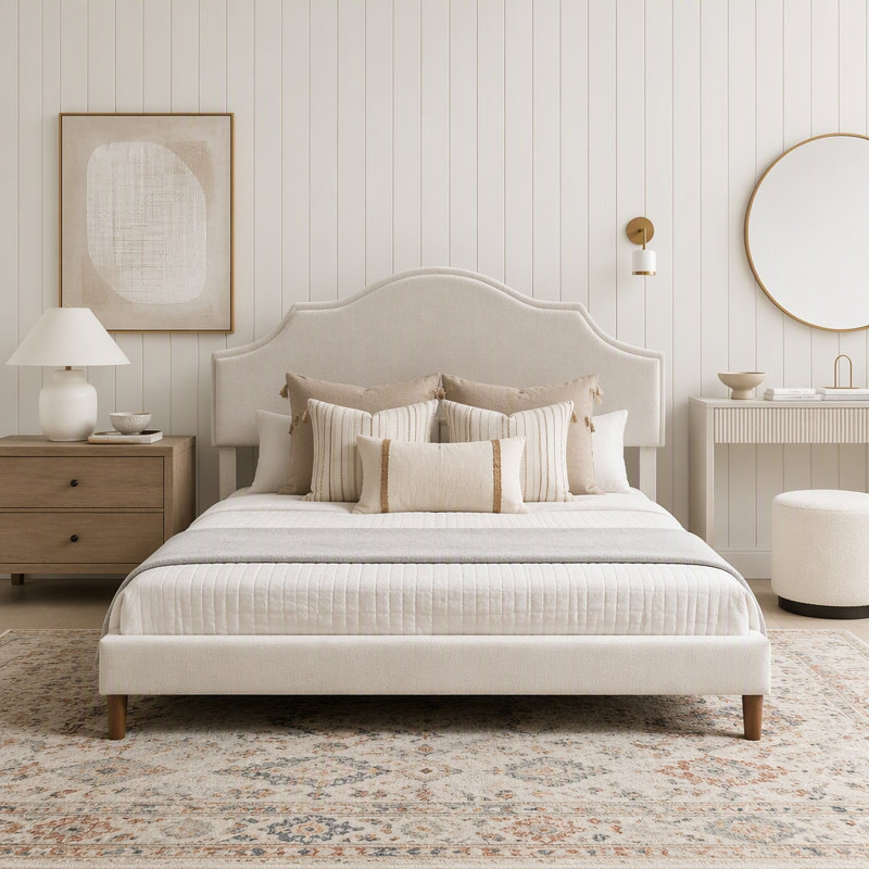 Lit plateforme tapissier avec tête de lit réglable, rembourrage en tissu de lin, Très grand, Beige