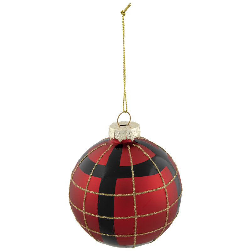 Ornement de Noël boule de verre rouge et noir à carreaux dorés 3,25 po