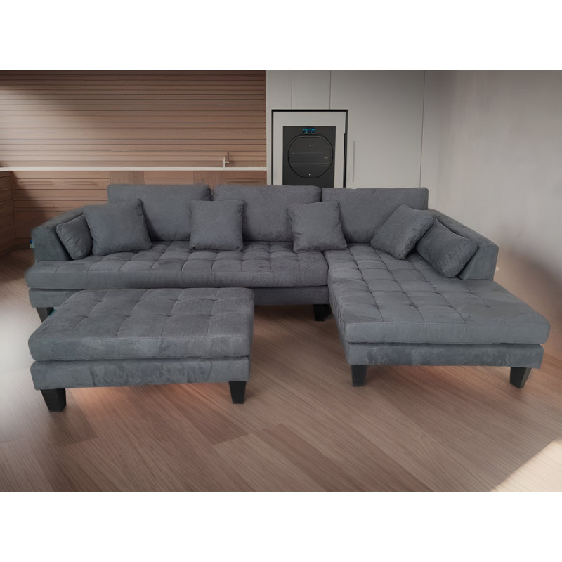 Canapé modulaire en microfibre avec repose-pieds Pritesh, Microfibres et suédine gris foncé, Accoudoir à droite (vu de face)