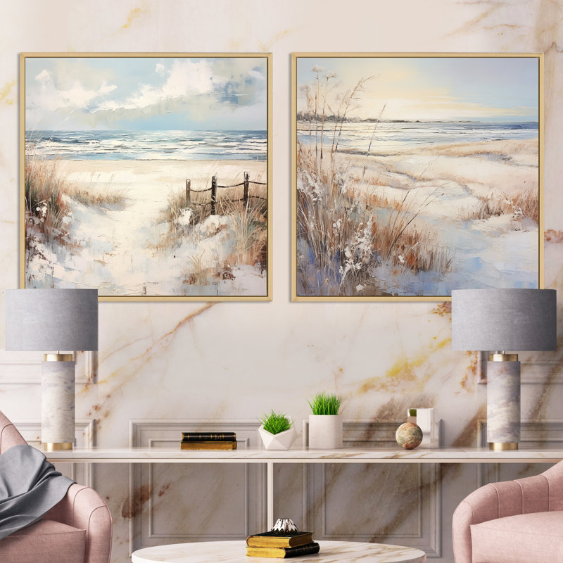 Coastal Beach Charm Retreat V - Ensemble de 2 collages carrés Coastal Beach, Cadre flottant brun, H 36 po x l 73 po