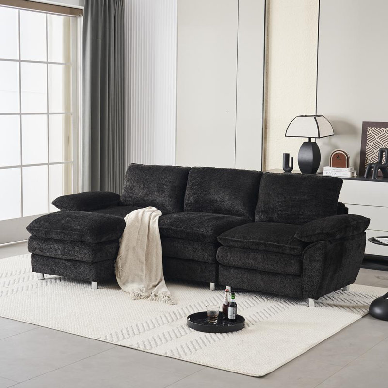 Modern Deep 3-Seat Sofa Couch with Ottoman, Black