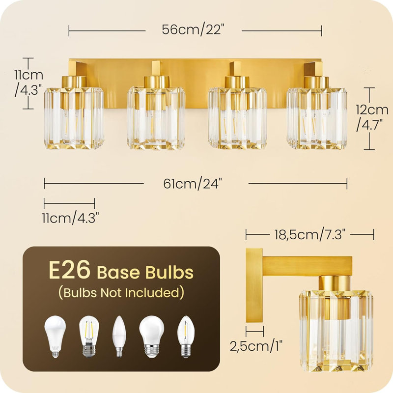 Luminaire de meuble-lavabo 4 lumières, lampes murales noires modernes avec abat-jour en cristal à rayures, base E26, fixation vers le haut ou vers le bas