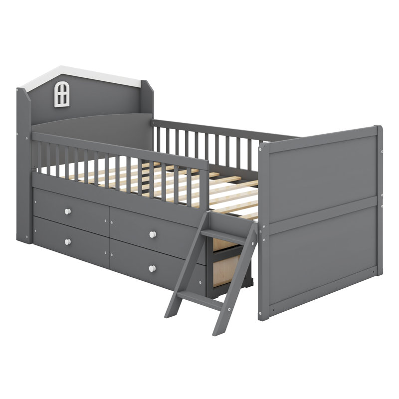 Structure de lit plateforme en bois avec tiroirs de rangement, lit plateforme avec tête de garde-corps et échelle, Gris