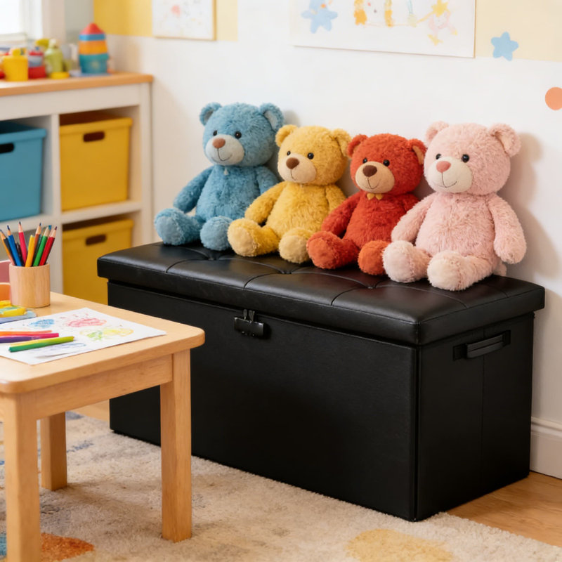 Fireproof And Waterproof Storage Ottoman Bench With Lock, 30 Inch Fire-Resistant Leather Storage Chest For Documents And Valuables, Foldable Footrest Stool With 700 Lb Capacity