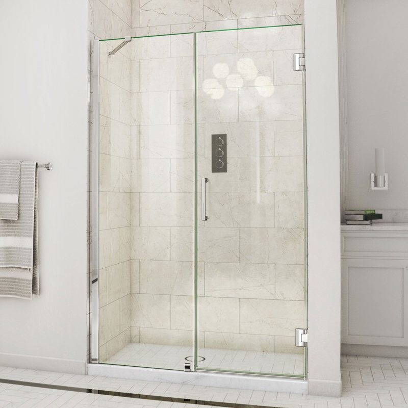 Unidoor 57" W x 72" H Hinged Frameless Shower Door and Fixed Panel with ClearMax Glass Treatment, Chrome