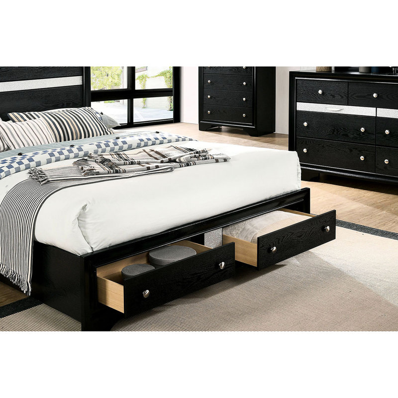 Black Solid Wood Bedroom Queen Bed With Storage, Transitional Enthrallment Contemporary Storage In Piece