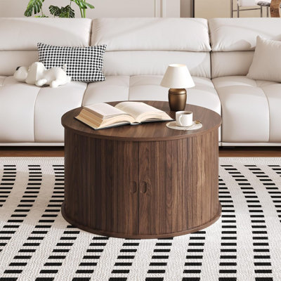 Table basse 28 po ronde avec rangement, table basse moderne à cannelures Mid-Century avec porte tambour