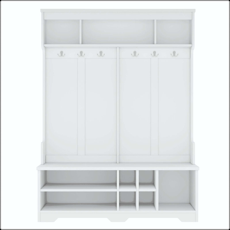 77.3" Modern Hallway Hall Tree with 6 Hooks & Shoe Cubbies, White