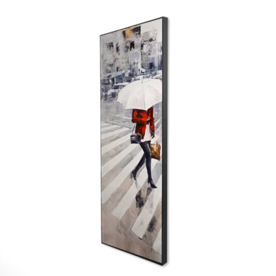 Woman Walking with Umbrella - Scenic Street Canvas Art