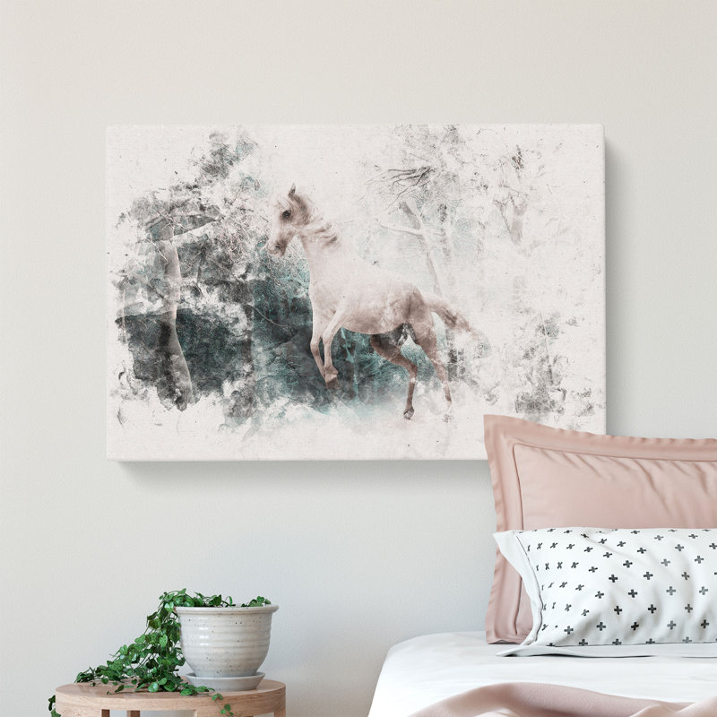 White Horse Rearing in a Winter Forest - Wrapped Canvas, 35cm H x 50cm W x 3cm D