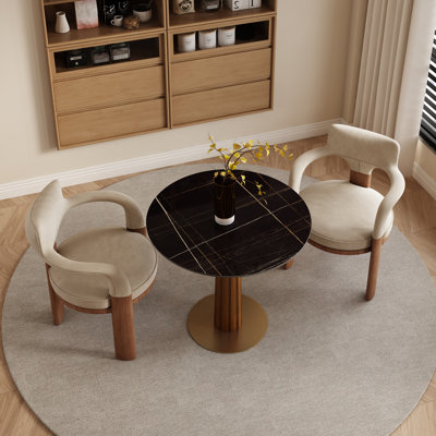 33" Contemporary Luxury Round Dining Table Collection with Embossed Striped Walnut Pedestal and Gold Base - Available in Midnight Onyx Glass, Arctic Texture, Sahara Mist and Black Grid Marble Finishes