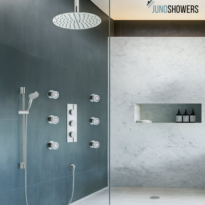 Système de douche en acier inoxydable de 16 pouces avec valve thermostatique et douchette