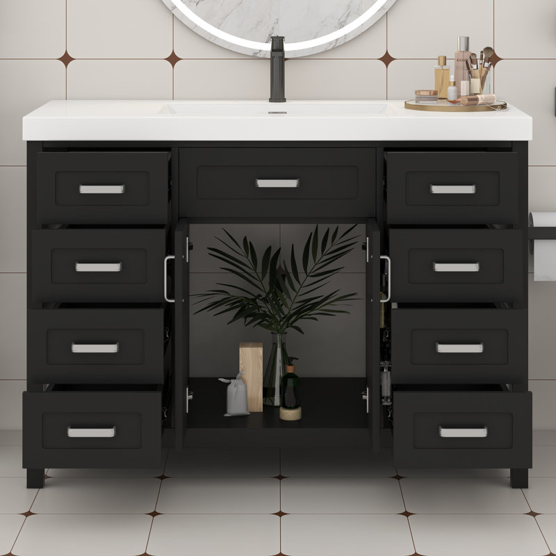 Meuble-lavabo 48 po avec lavabo, portes à fermeture douce et 8 tiroirs, meuble-lavabo en bois massif et panneau de fibres à densité moyenne avec rangement, autoportant