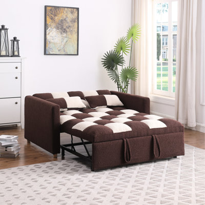 3 In 1 Sleeper Bed, Adjustable Convertible For Apartment, Brown And Beige Fabric, 29.07 Height Pull - Out Bed With Levels , Small Futon 113.51 Lb Weight