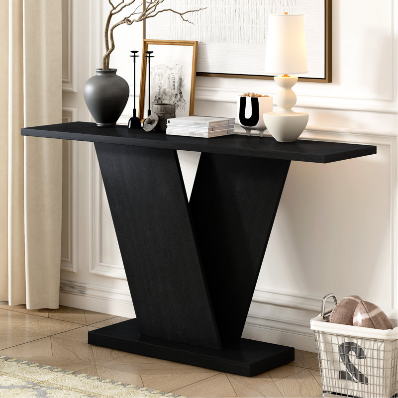Console en placage de bois naturel noir, décor intérieur minimaliste pour la chambre à coucher, grande surface de présentation, structure de base en V stable, décoration d'installation sans tracas, mobilier, plateau spacieux,