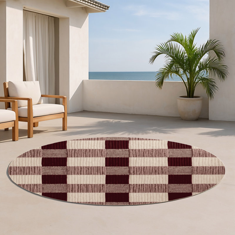 Tapis d'intérieur et d'extérieur à carreaux brun, Rond 5 pi