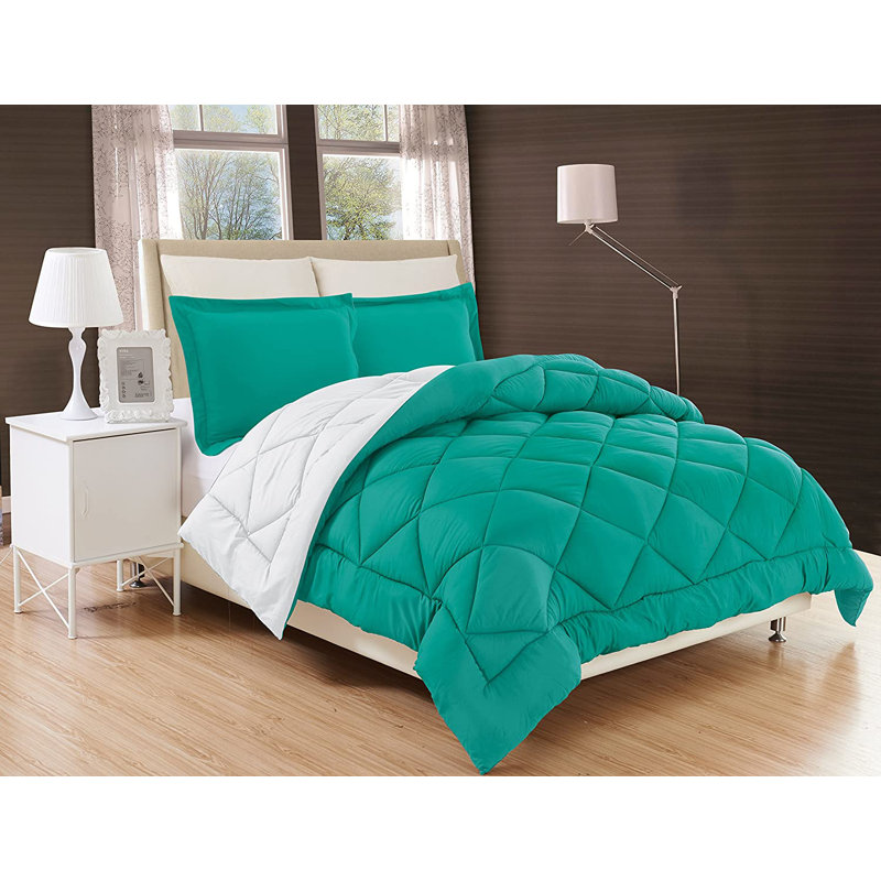 All-Season Down Alternative Comforter with Diamond Quilted Microfiber and Baffle Box Construction, Turqouise/White