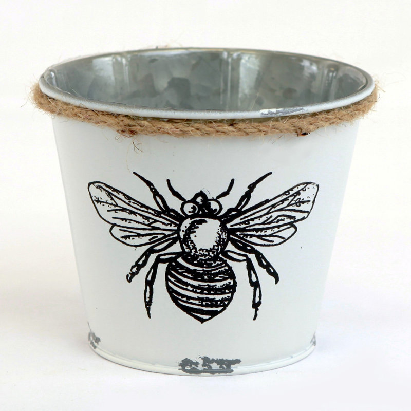 White With Black And White Bee And Rope Trim Planter
