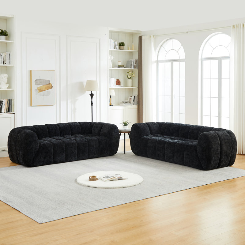  Ensemble de canapés modulaires en mousse de chenille 2 pièces, canapé modulaire moderne à profil bas pour grand salon, noir
