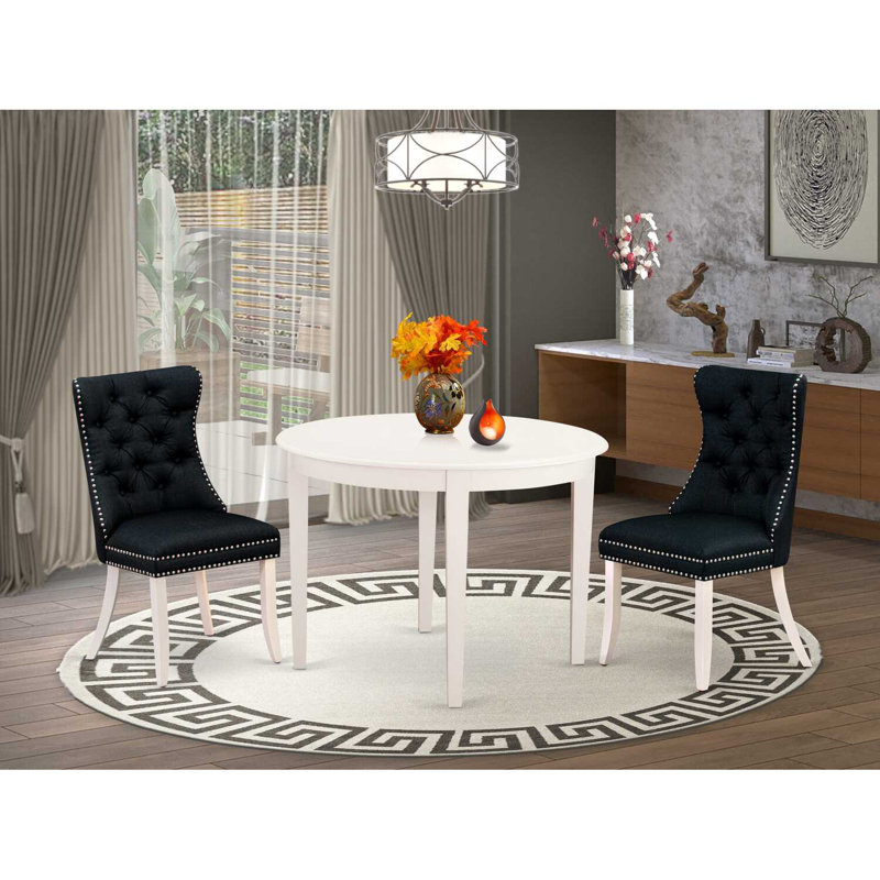 3-Piece Linen White Finish Round Solid Wood Top Dining Table Set, Black